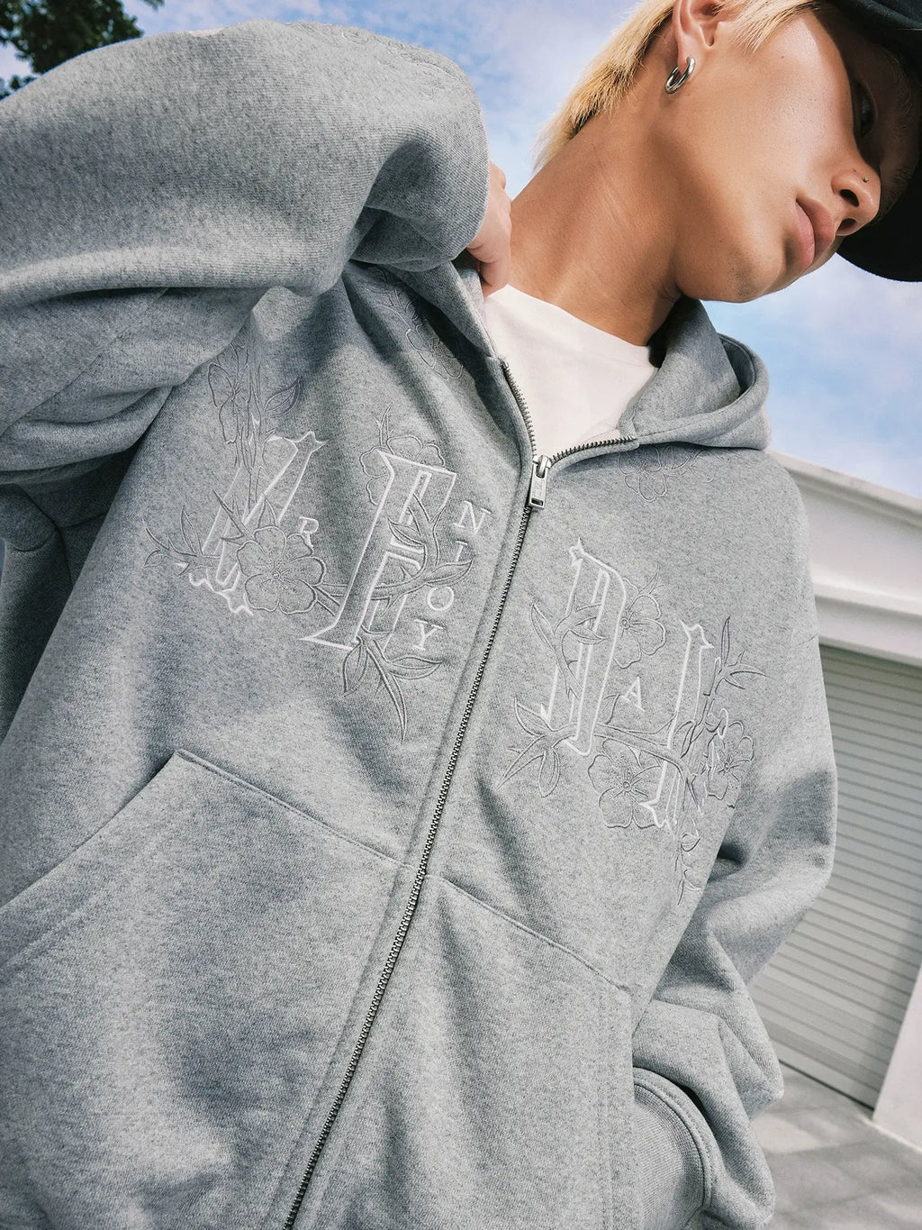 MEDM Flower Embroidered Zip Up Hoodie