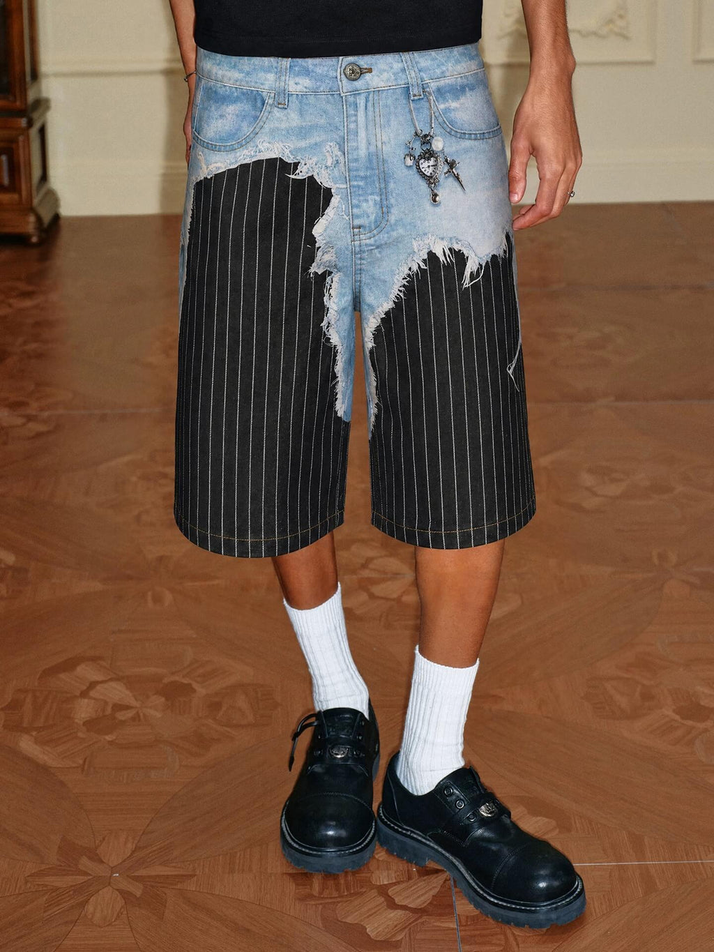 YADcrew Denim Stripe 3D Digital Print Shorts