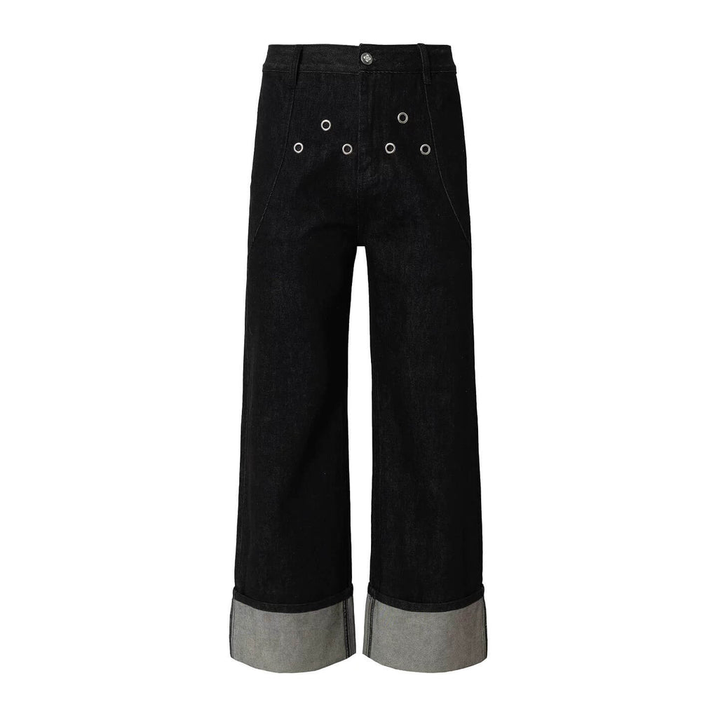 YADcrew Silver Eyelet Contrast Cuff Baggy Jeans