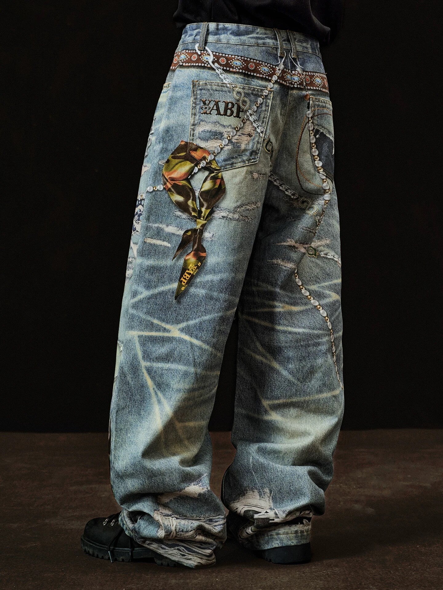 YADcrew x BIPOLAR 3D Belt Chain Digital Print Machete Jeans