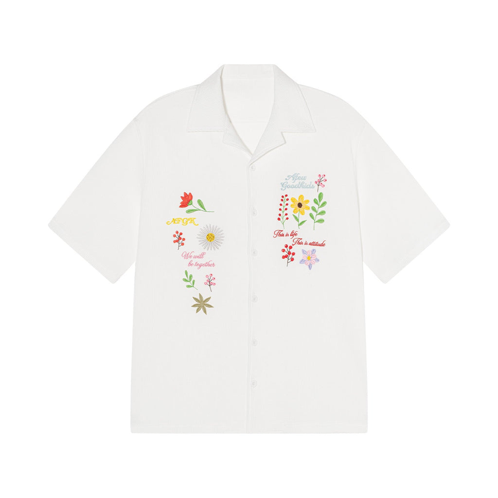 AFGK Floral Embroidered Waffle Short Sleeve Shirt