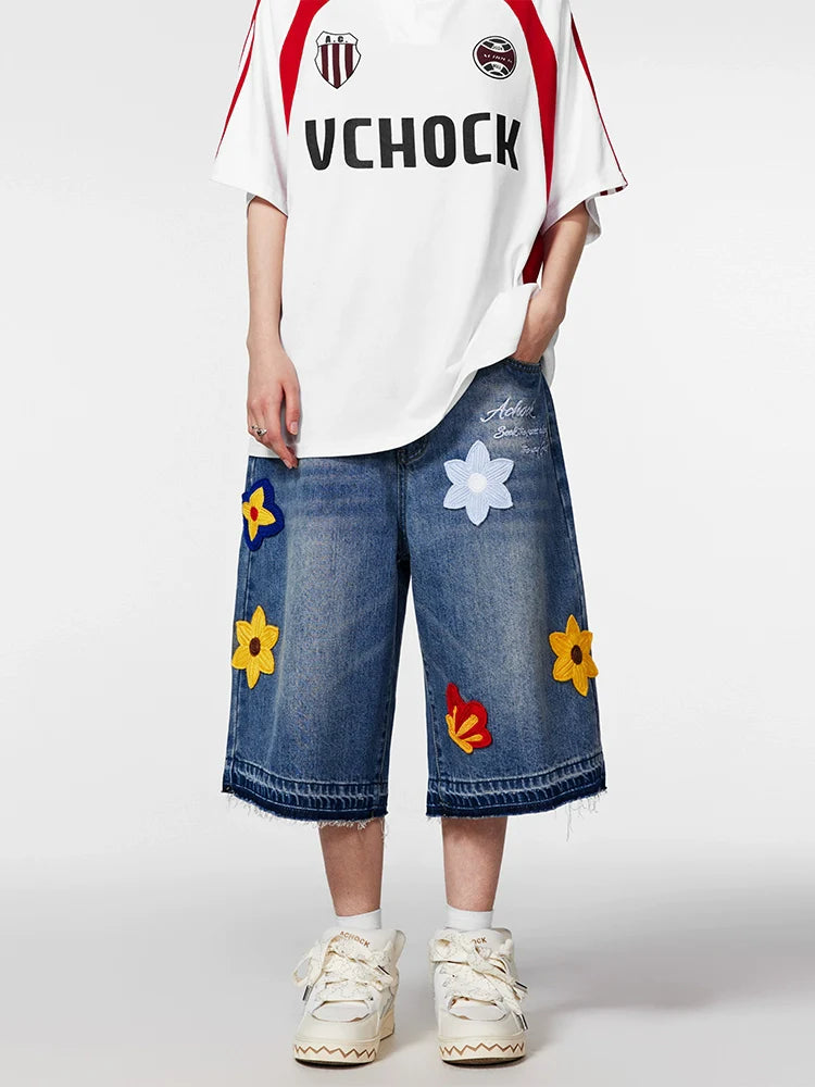 Achock Creative Letter Petal Embroidery Denim Shorts