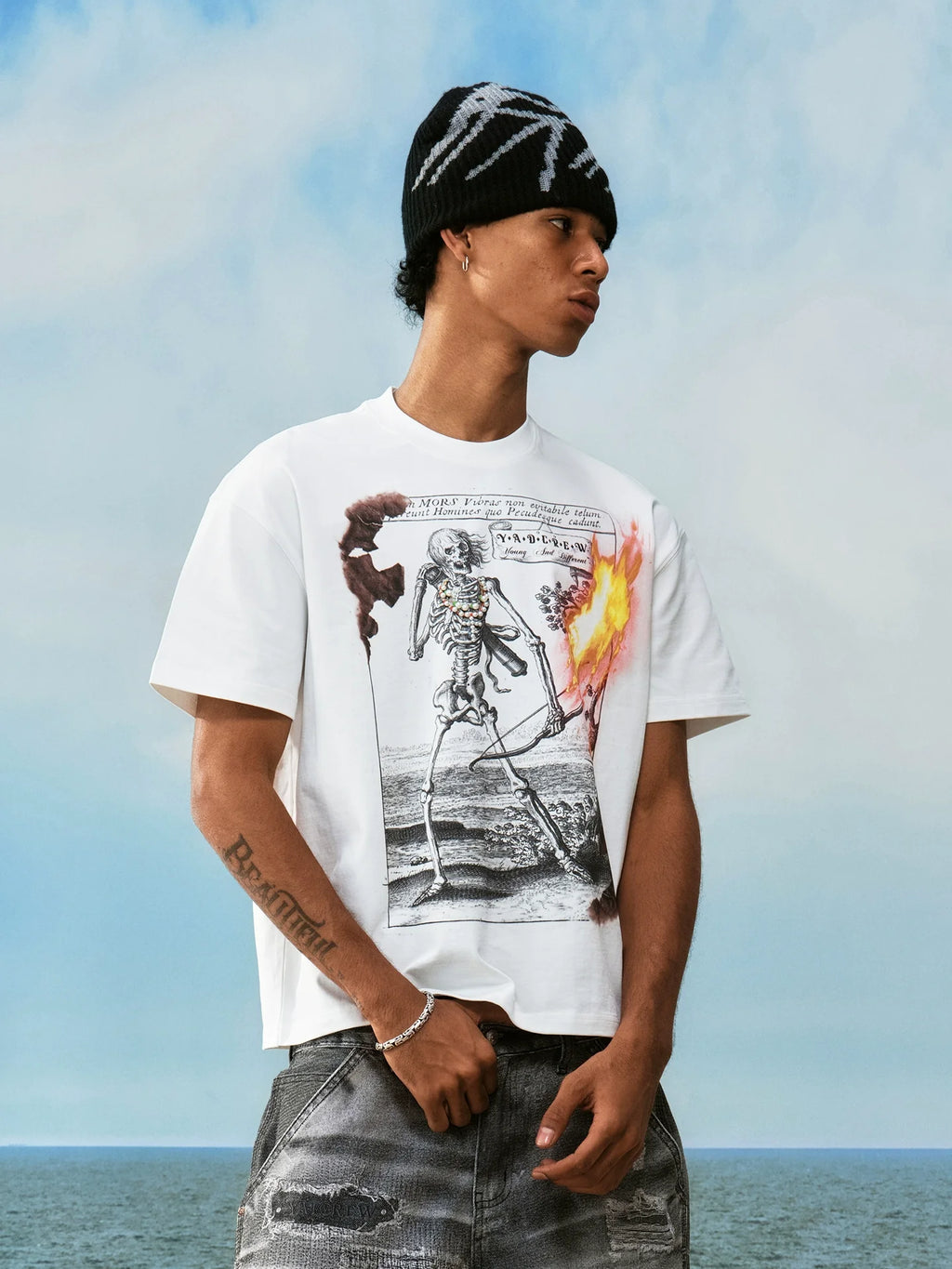 YADcrew Flame Skull Pearl Graphic Tee
