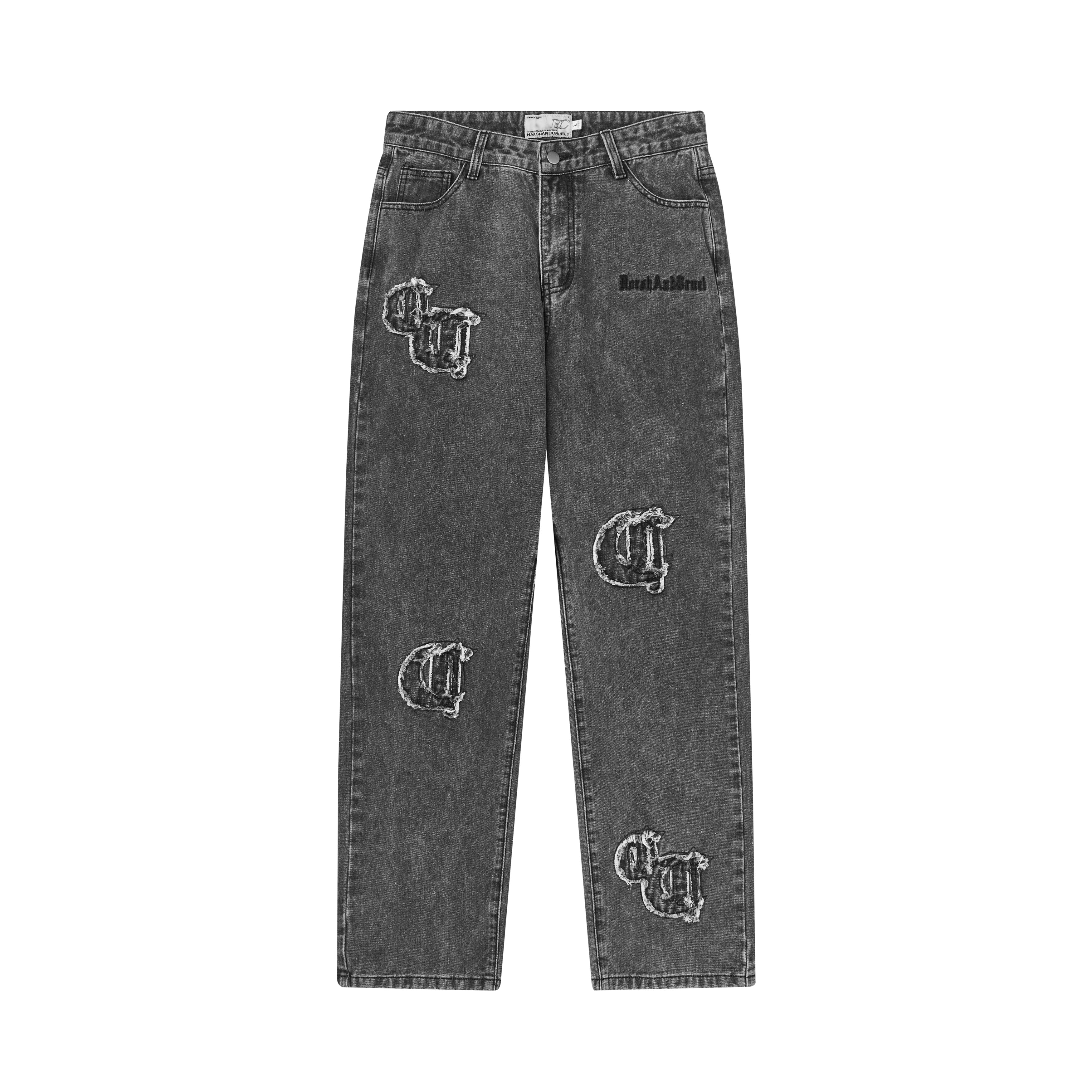 Harsh and Cruel Distressed Embroidered Gothic Logo Denim