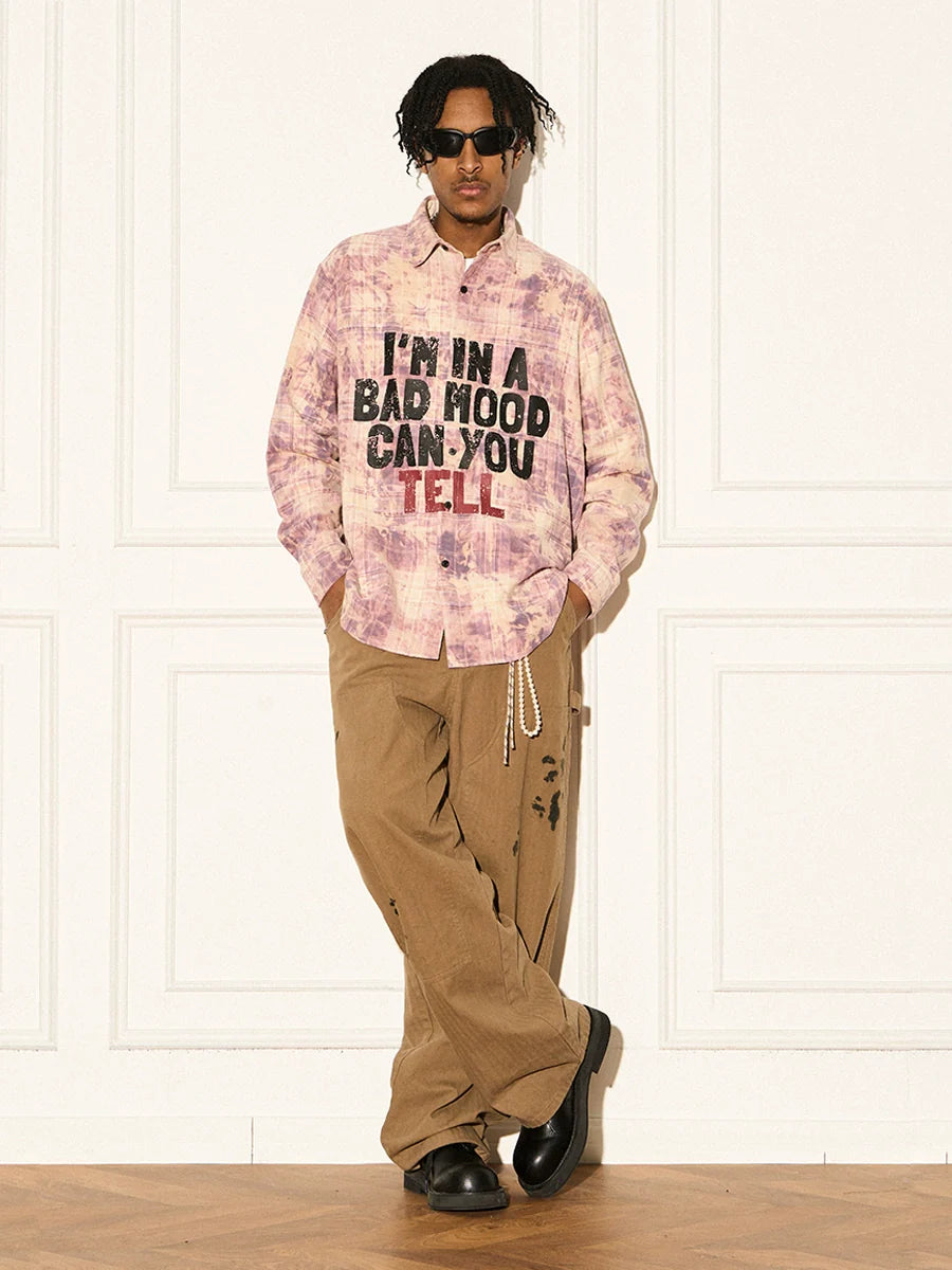 EMPTY REFERENCE Mottled Text Print Plaid Long Sleeve Shirt