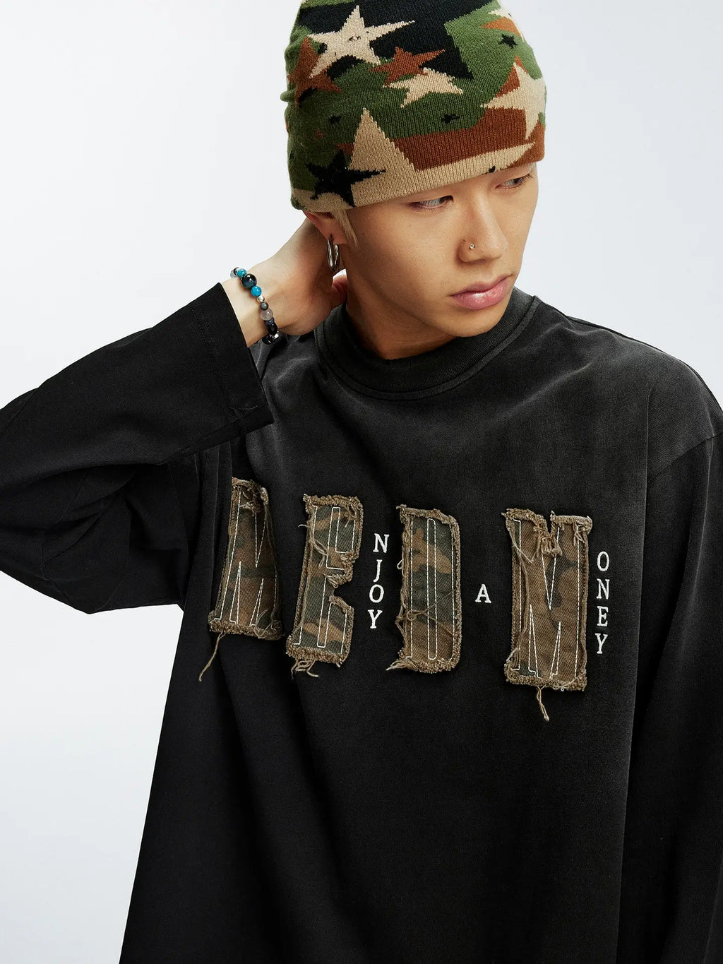 MEDM Frayed Logo Patch Washed Distressed Long Sleeve Tee