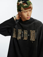 MEDM Frayed Logo Patch Washed Distressed Long Sleeve Tee