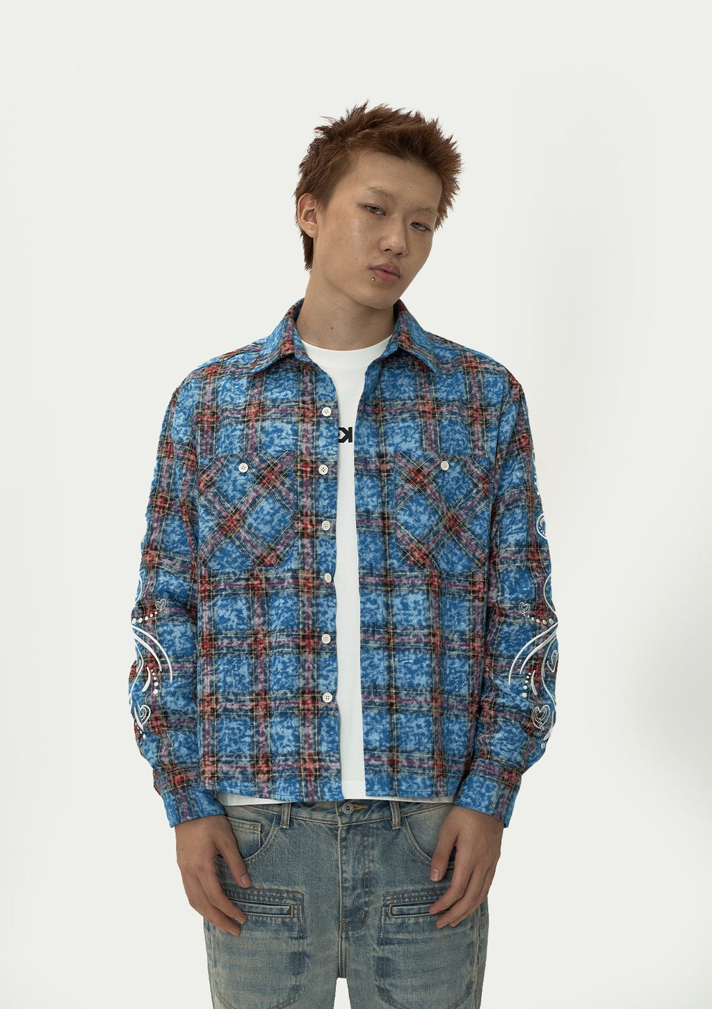 EVILKNIGHT(EK) Floral Embroidered Plaid Long Sleeve Shirt