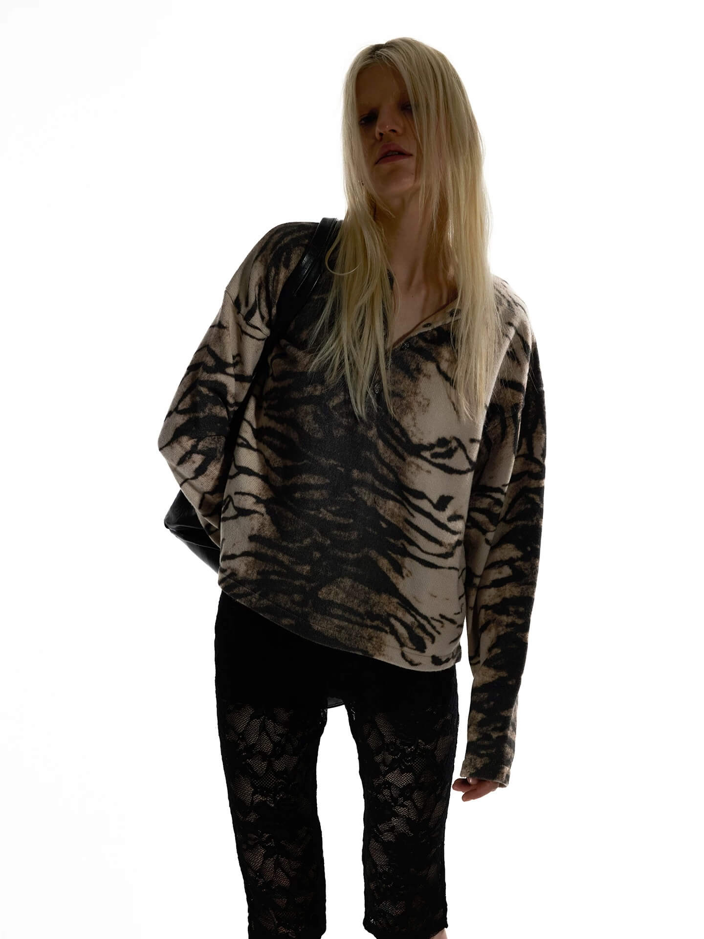 Night Lab Zebra and Leopard Print Henley Knit Sweater