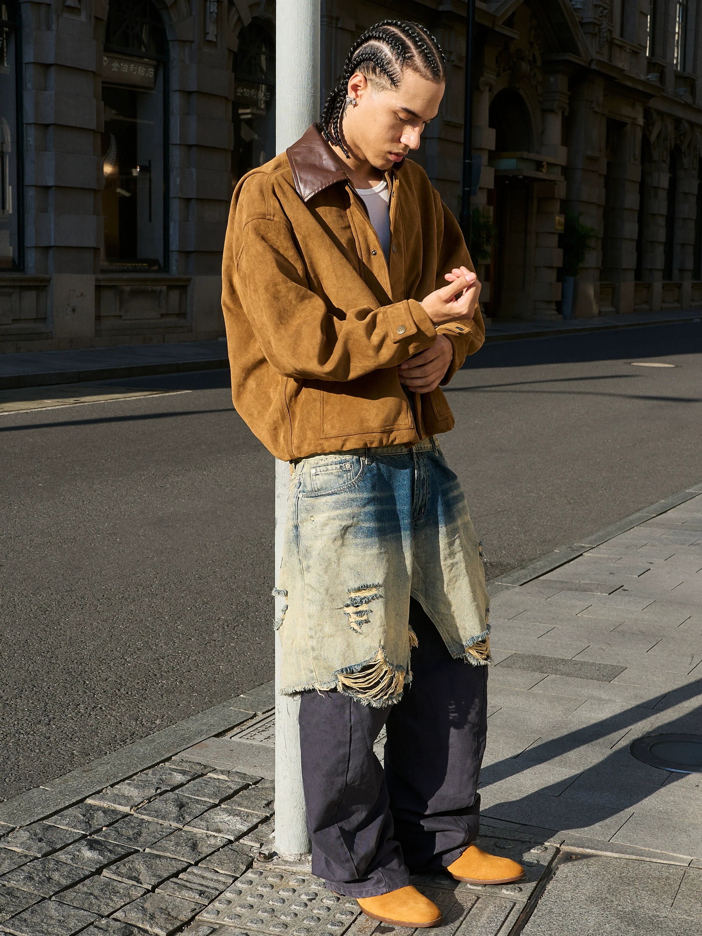 STEEPC Layered Design Washed Distressed Baggy Jeans