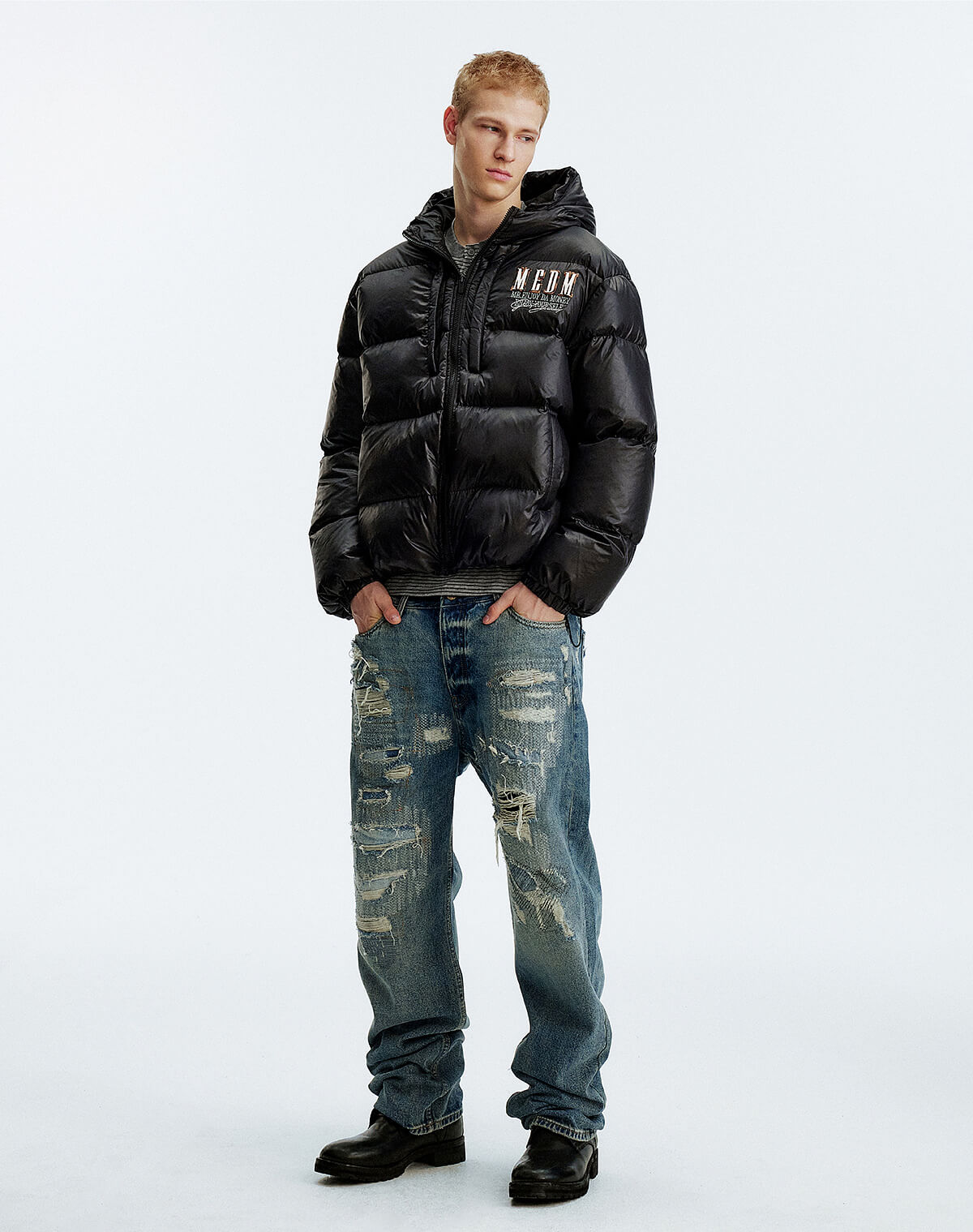 MEDM Leopard Leather Patch Puffer Jacket