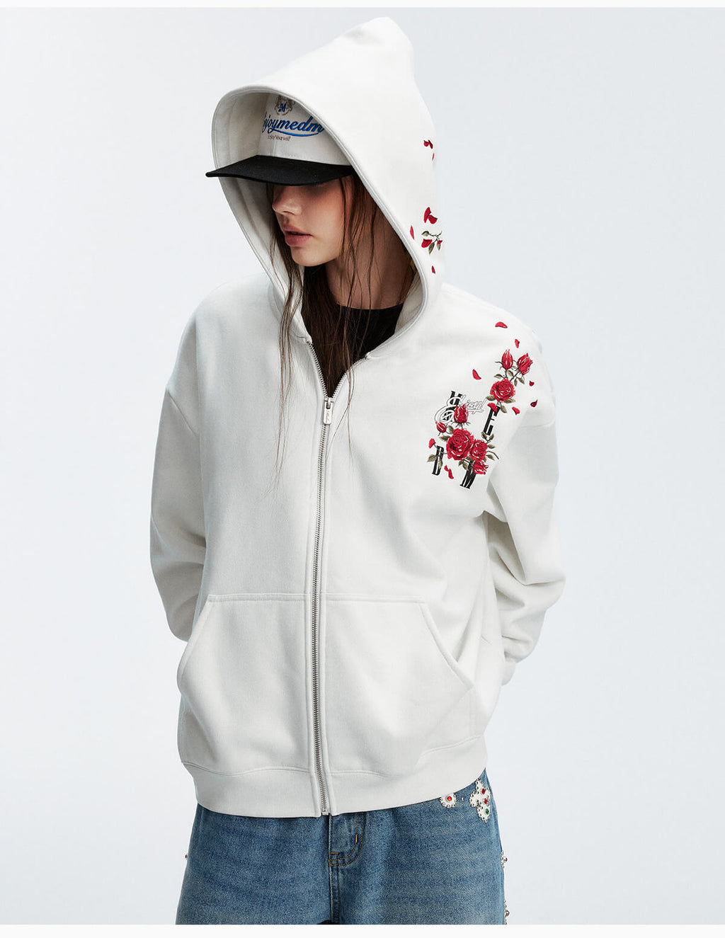 MEDM Rose Embroidered Zip Up Hoodie