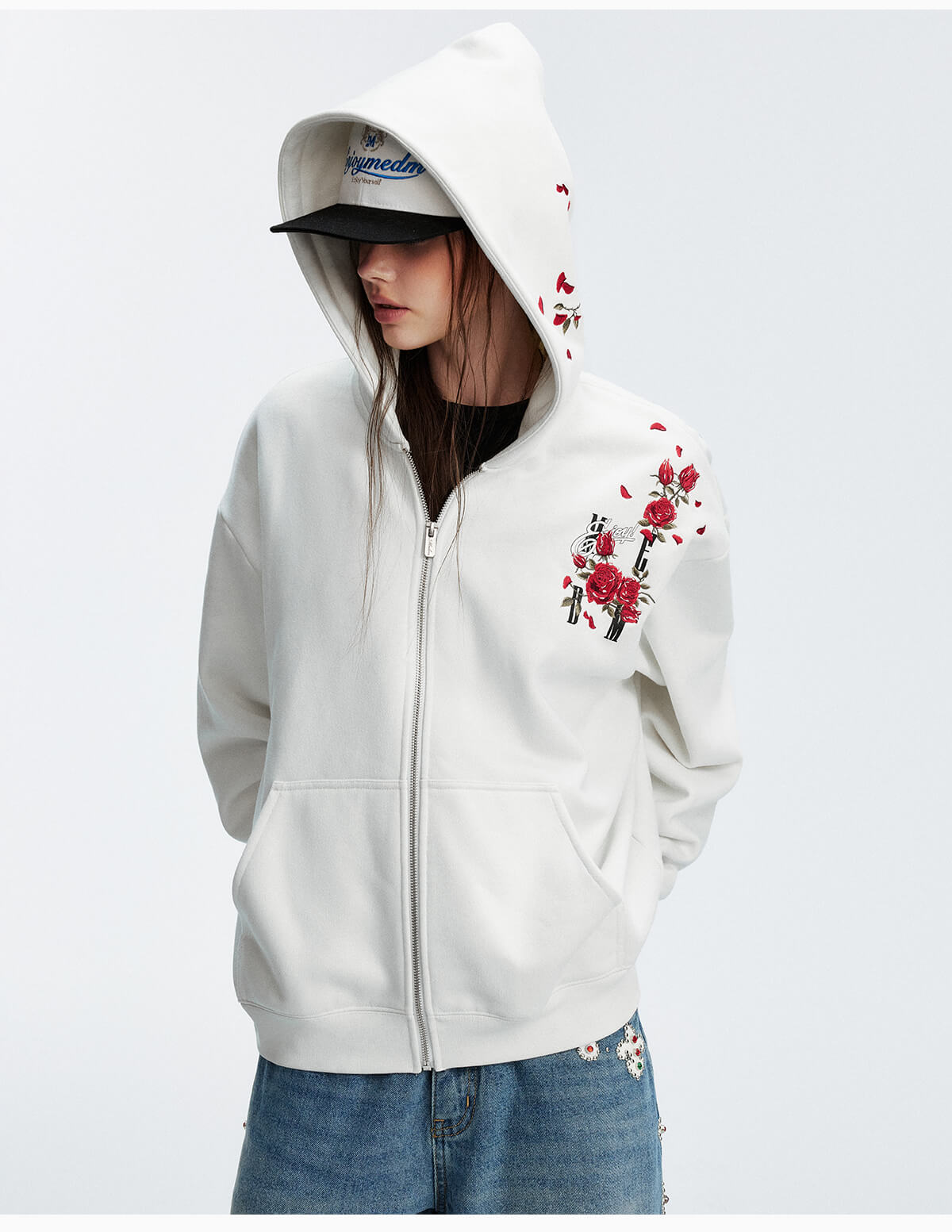 MEDM Rose Embroidered Zip Up Hoodie