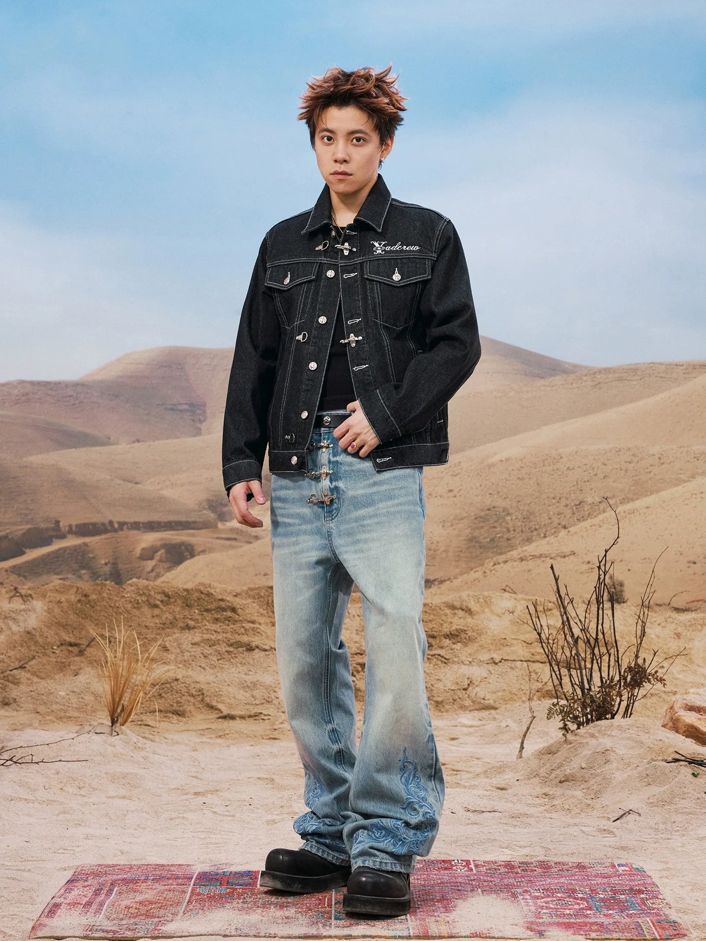 YADcrew Snap Button 3D Embroidery Washed Jeans