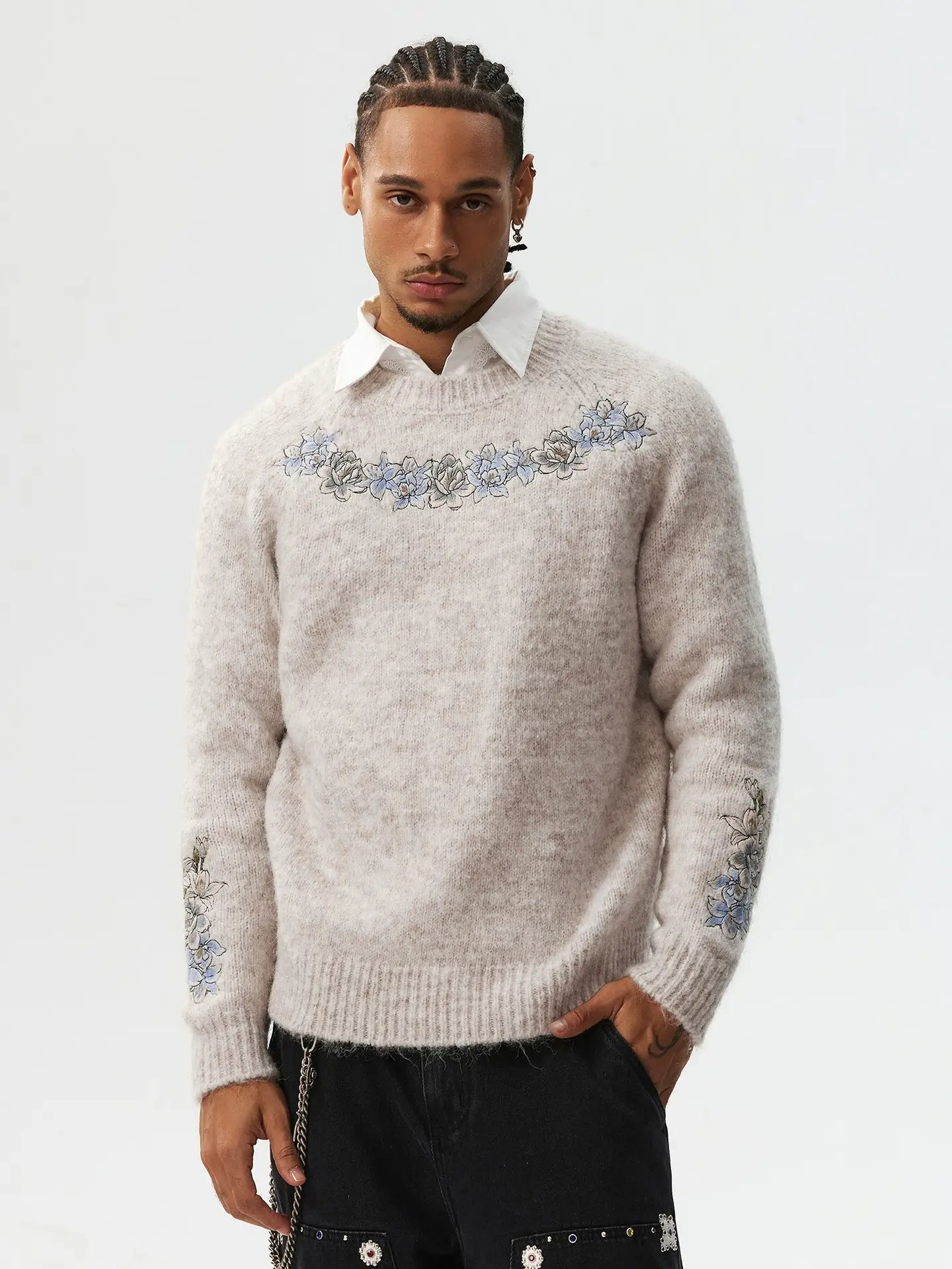 MEDM Floral Embroidered Mohair Knit Sweater