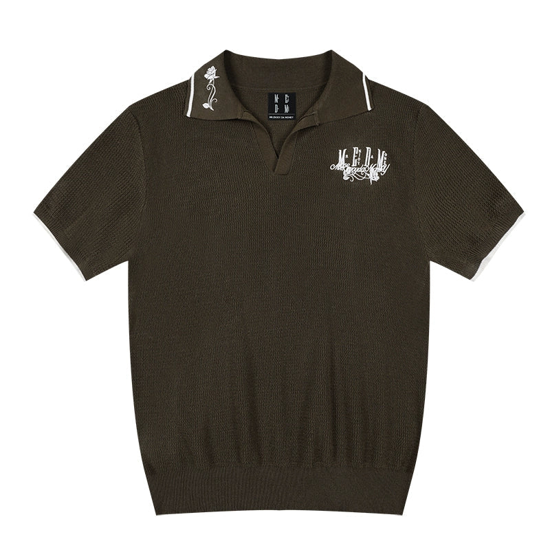 MEDM Rose Embroidered Waffle Knit Polo