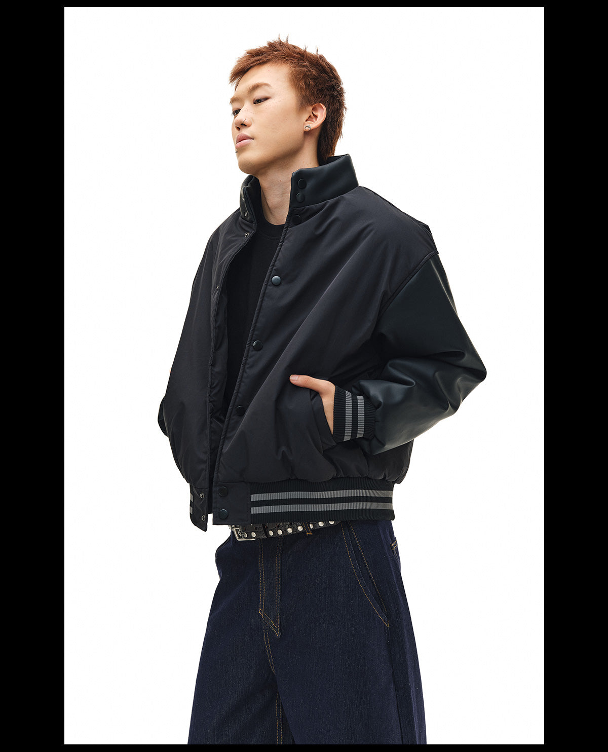 NOVACAM PU Leather Sleeve Puffer Varsity Jacket