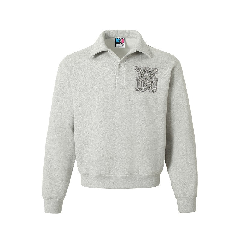 YADcrew Diamond-Studded Leather Logo Polo Sweatshirt