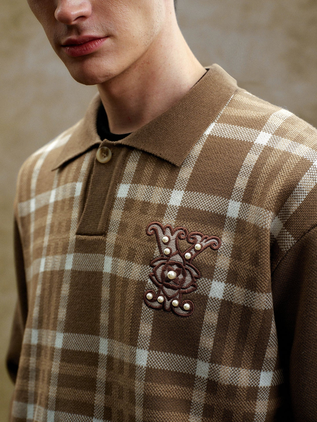 YADcrew Pearl Logo Embroidery Plaid Polo Knit Sweater