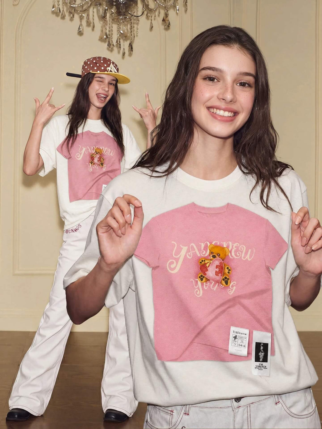 YADcrew Digital Print Cute Bear Rhinestone Tee