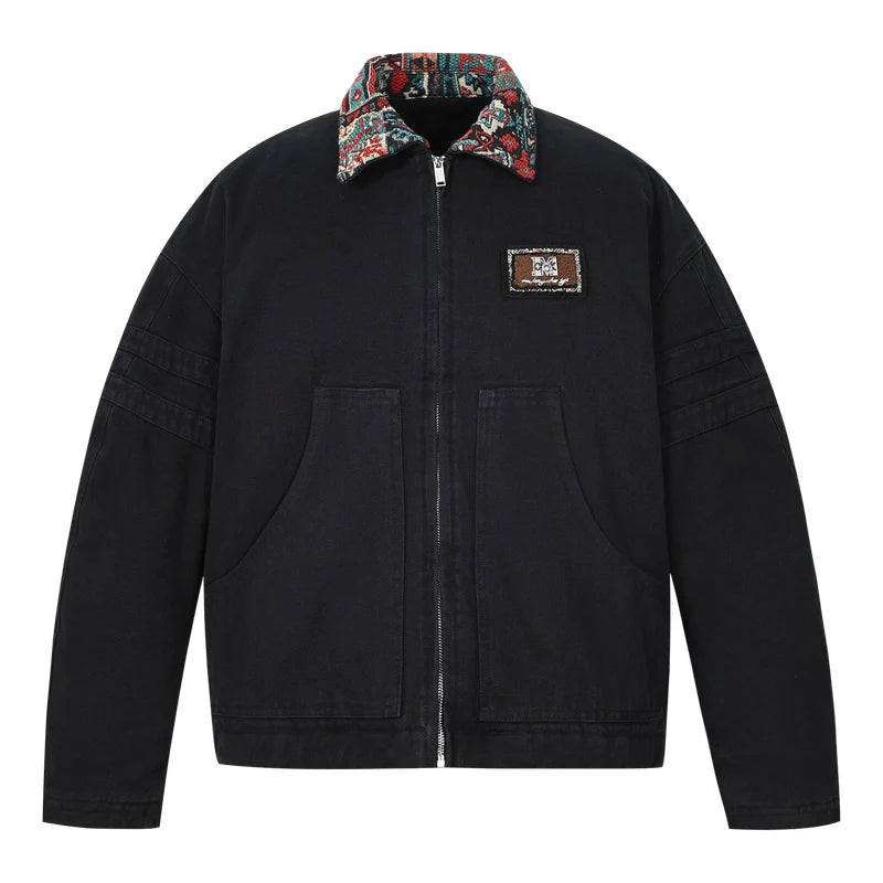 MEDM Ethnic Collar Patch Pocket Quilted Lined Work Jacket