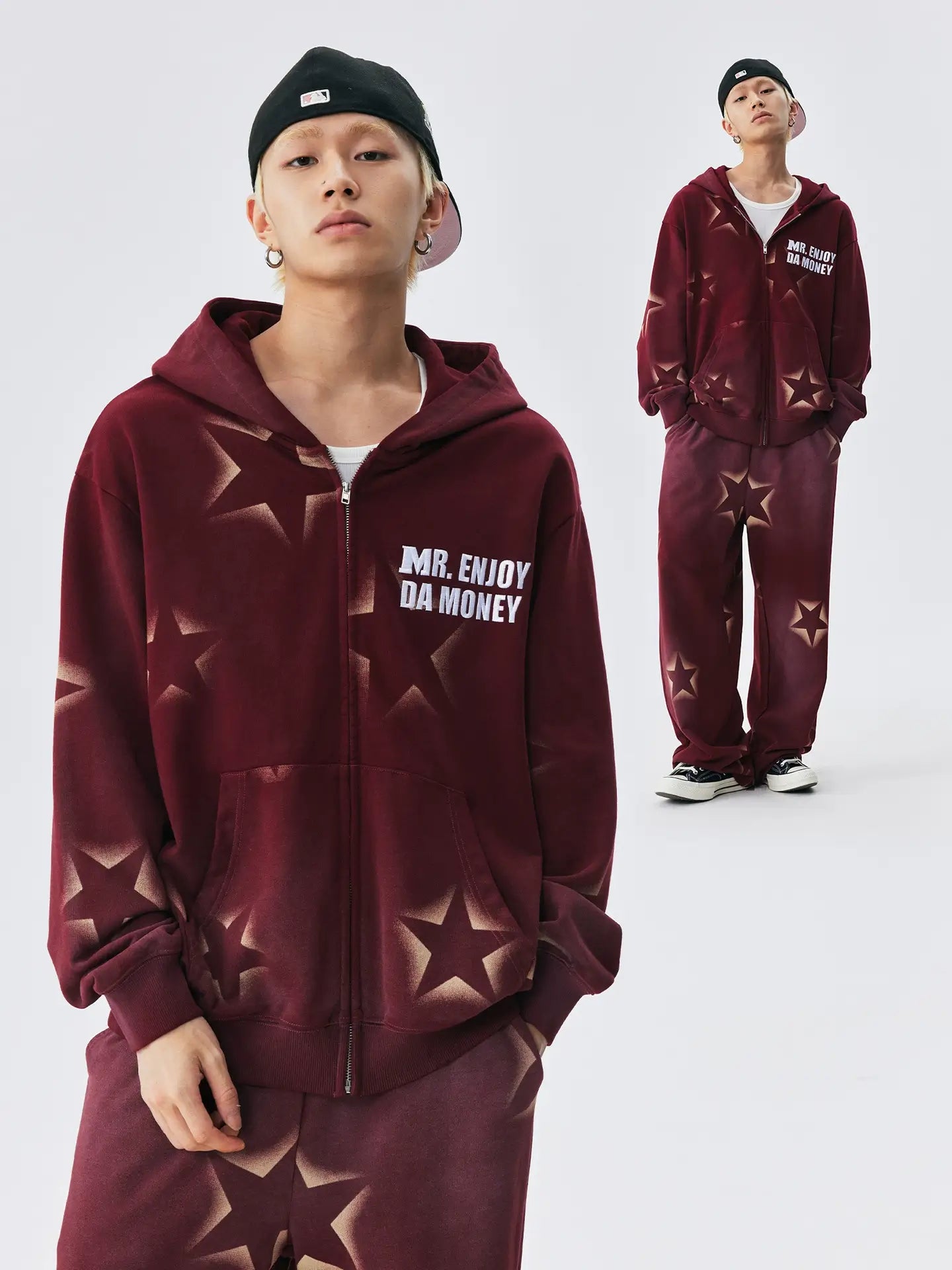 MEDM Washed Star All Over Print Zip Up Hoodie