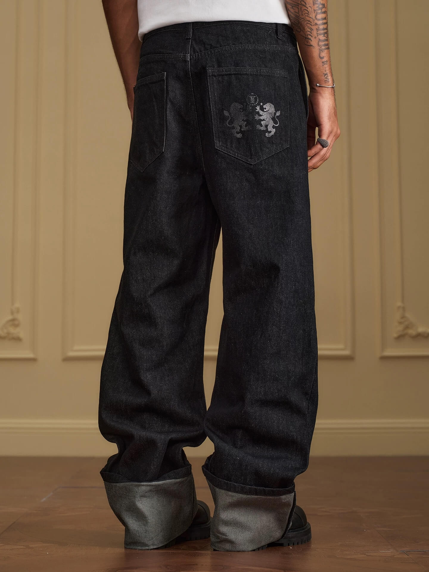 YADcrew Silver Eyelet Contrast Cuff Baggy Jeans