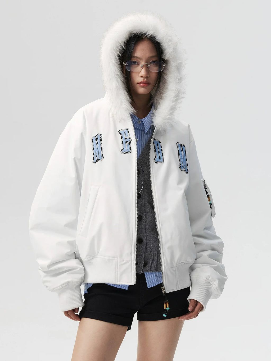 MEDM Animal Logo Patch Fur Hooded Bomber Jacket