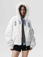 MEDM Animal Logo Patch Fur Hooded Bomber Jacket