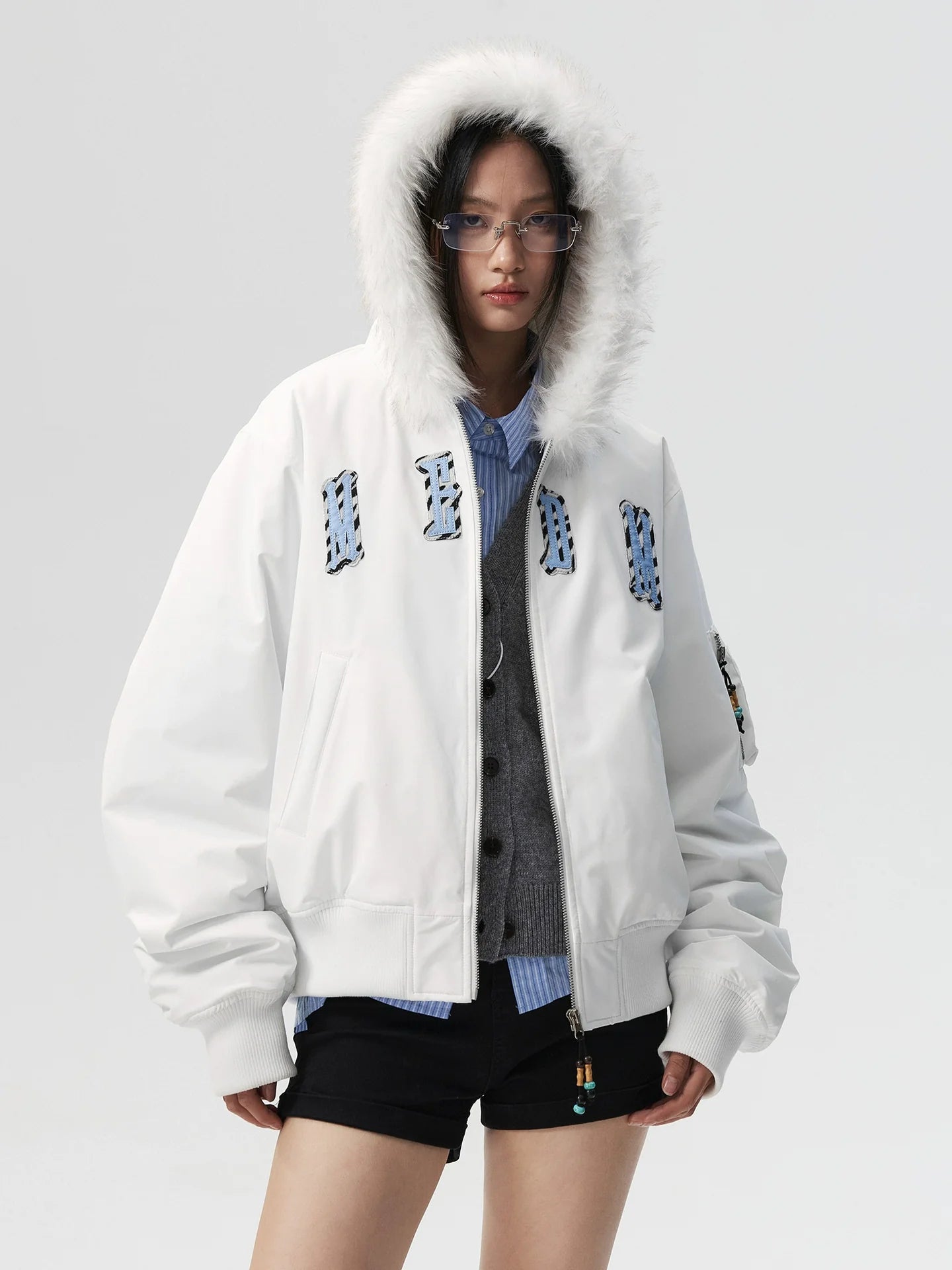 MEDM Animal Logo Patch Fur Hooded Bomber Jacket