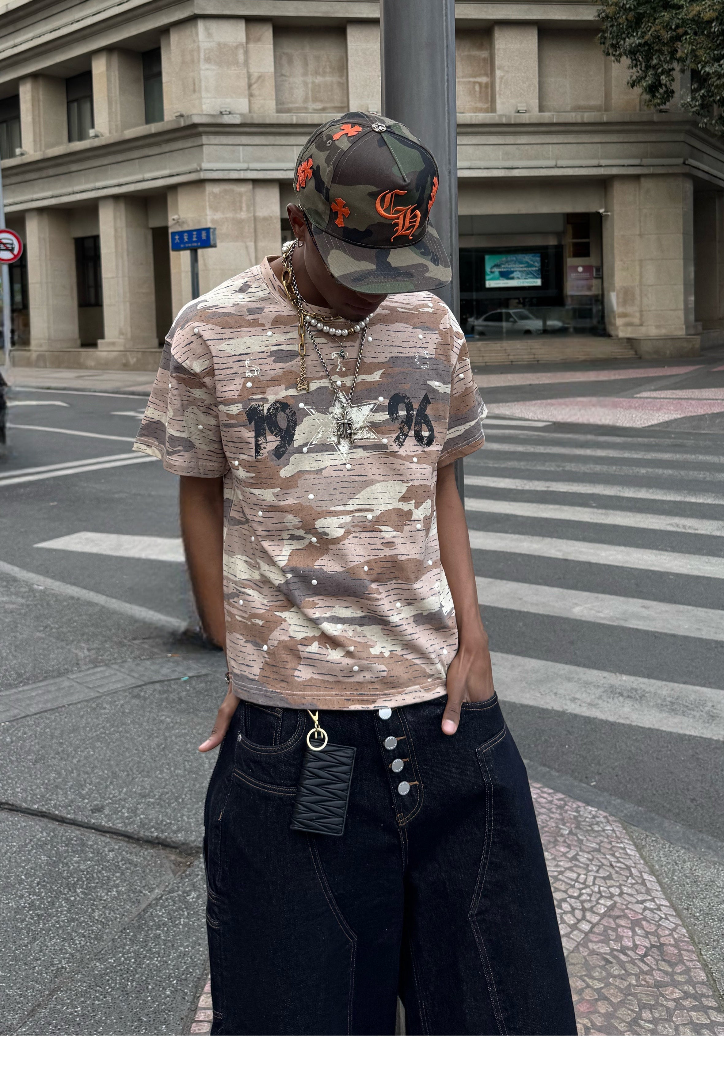 STEEPC Aged Desert Camo Pearl Embellished Print Tee