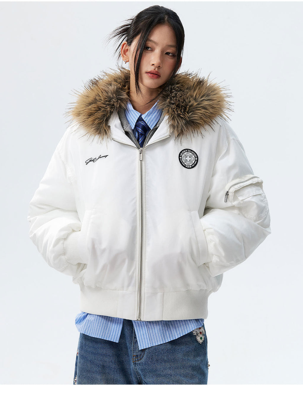 MEDM Silicone Logo Patch Fur Hooded Bomber Jacket