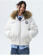 MEDM Silicone Logo Patch Fur Hooded Bomber Jacket