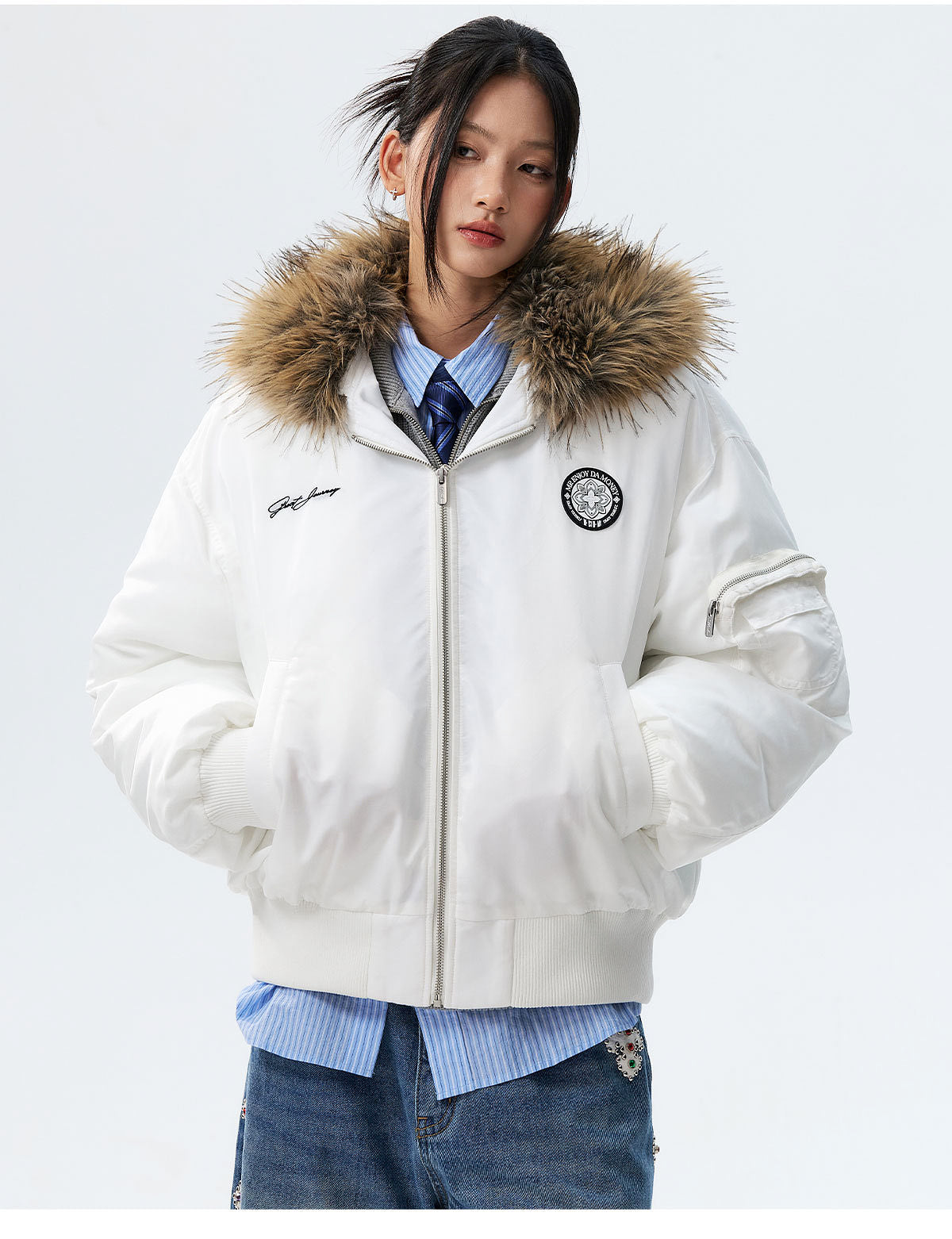 MEDM Silicone Logo Patch Fur Hooded Bomber Jacket