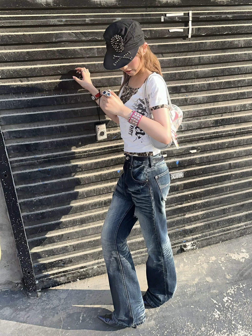 Night Lab Rock Studded Whisker Washed Flared Jeans