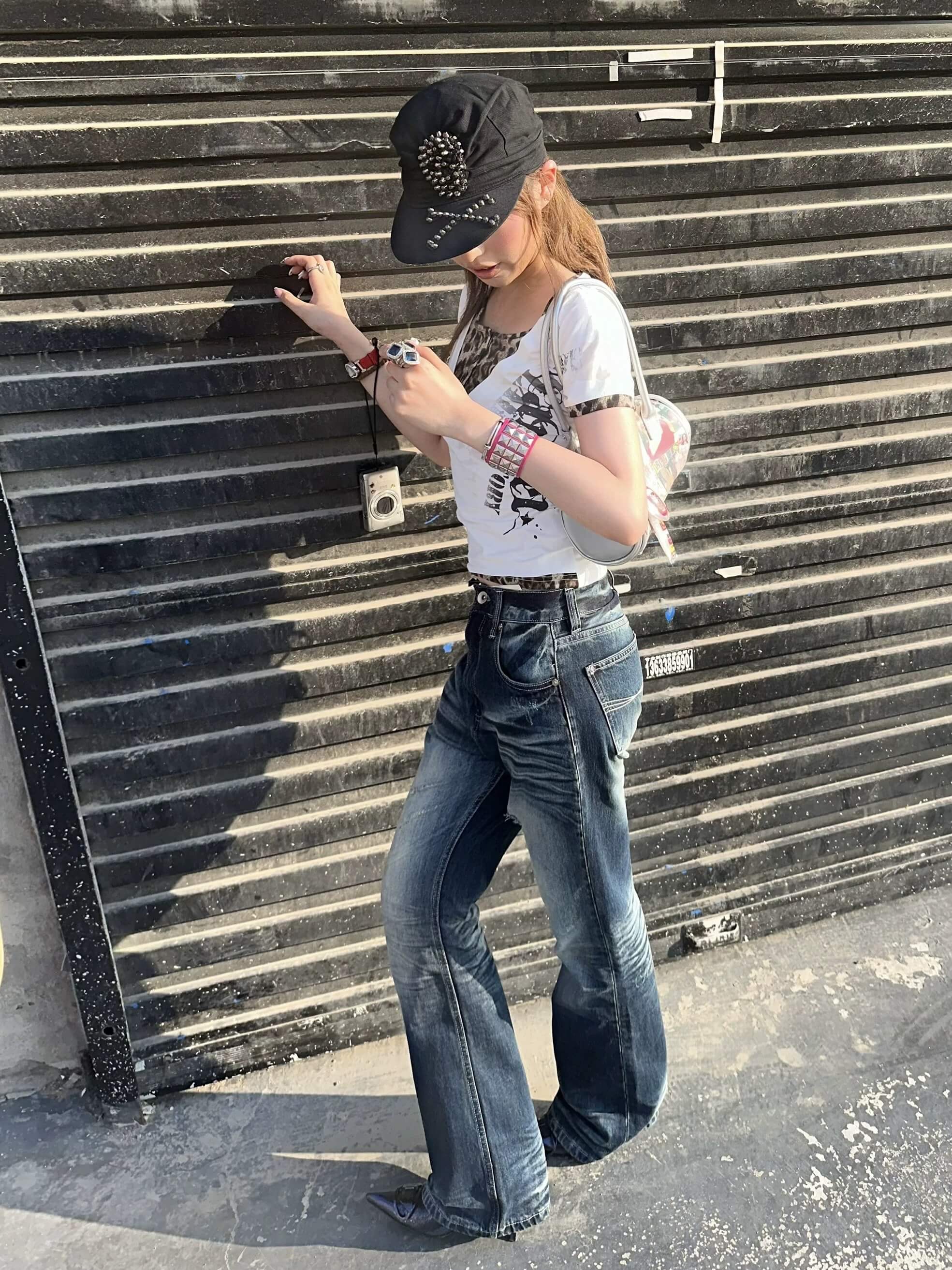 Night Lab Rock Studded Whisker Washed Flared Jeans