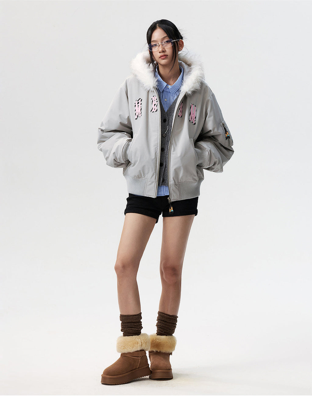 MEDM Animal Logo Patch Fur Hooded Bomber Jacket