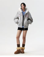 MEDM Animal Logo Patch Fur Hooded Bomber Jacket