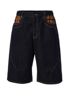 F2CE Plaid Pocket Patchwork Denim Baggy Shorts