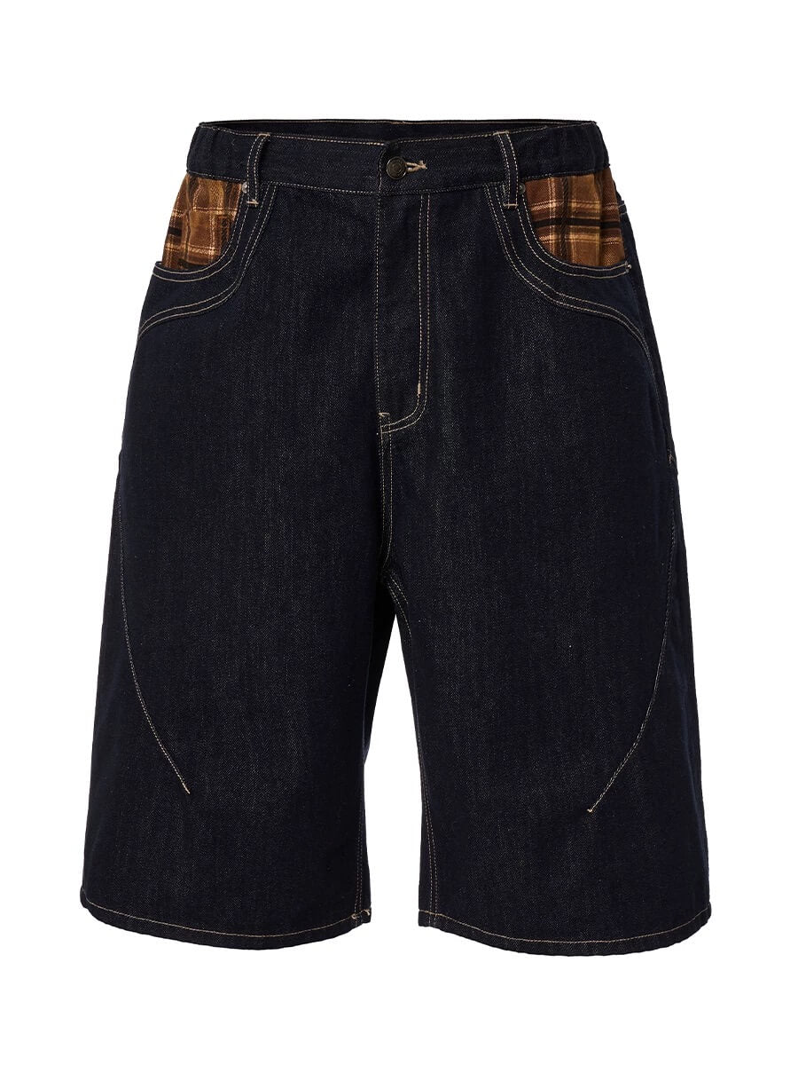 F2CE Plaid Pocket Patchwork Denim Baggy Shorts