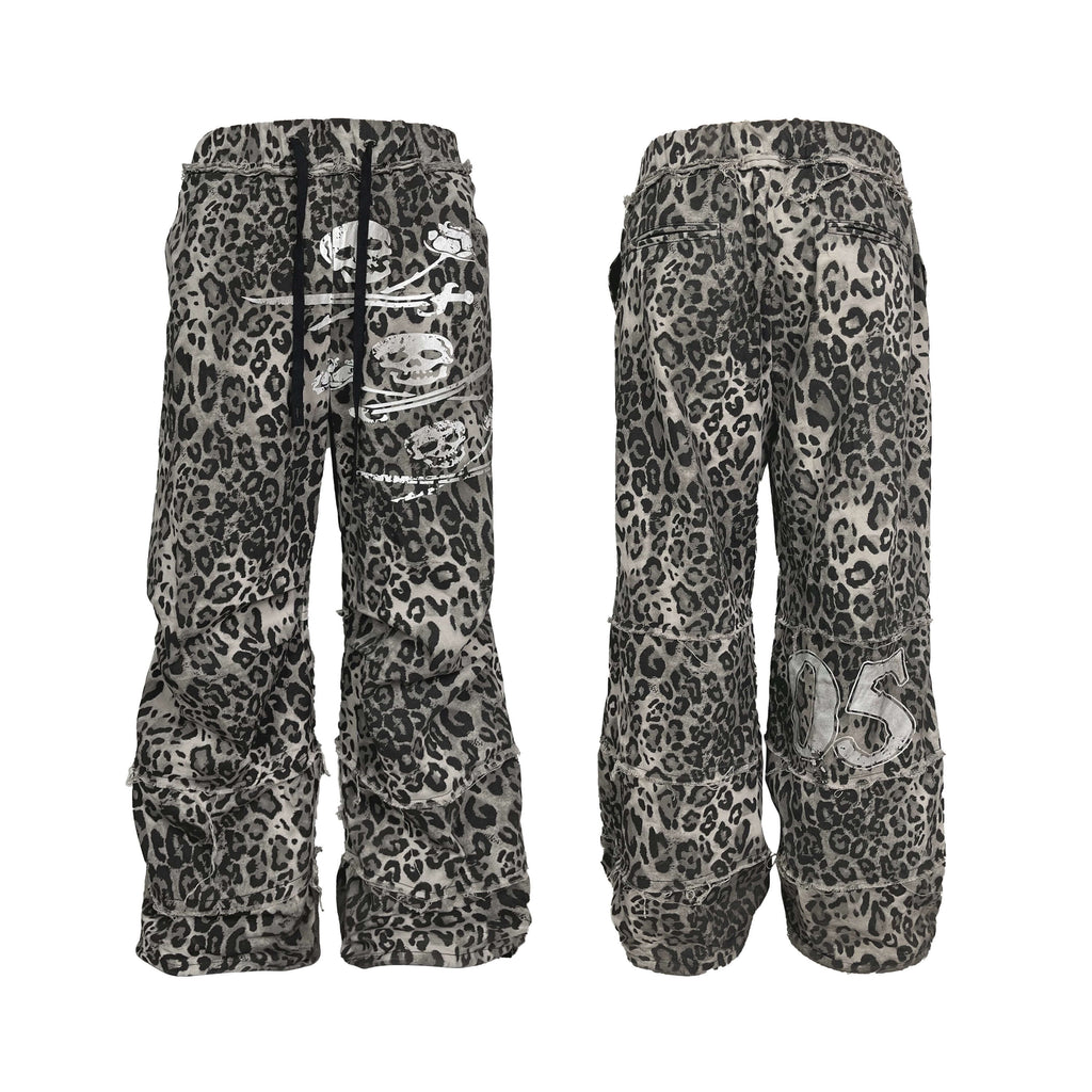 Night Lab Skull Pirate Leopard Printed Distressed Pants