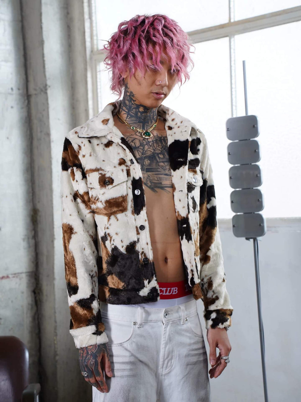 TGFCLUB Cow Print Faux Fur Leather Slim Fit Jacket