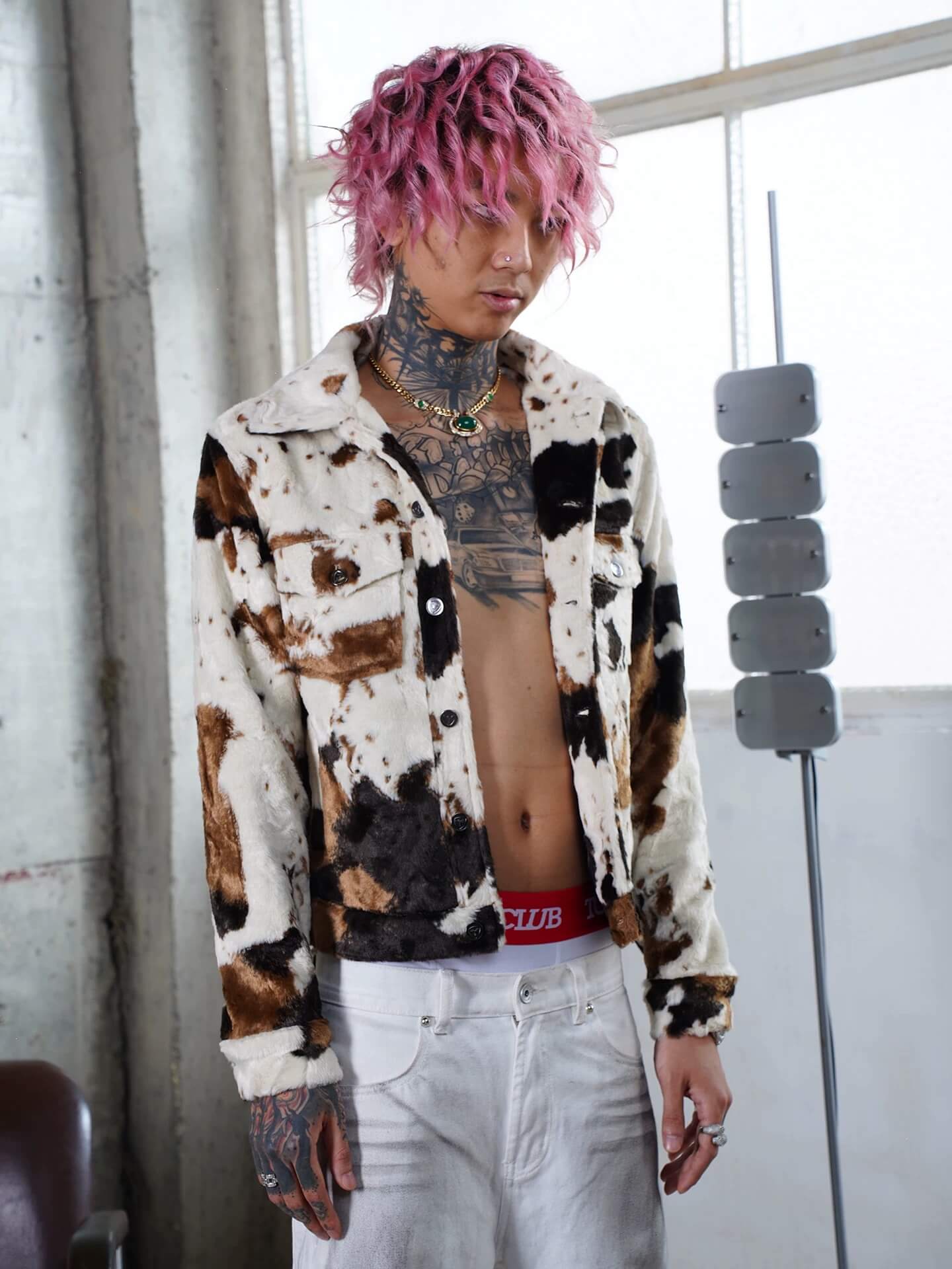 TGFCLUB Cow Print Faux Fur Leather Slim Fit Jacket