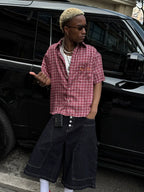 STEEPC Plaid Boxy Wide Short Sleeve Shirt