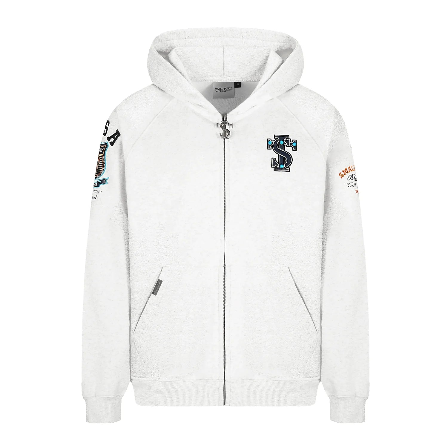 Small Town Kid Turquoise Studded Badge Embroidered Zip-Up Hoodie