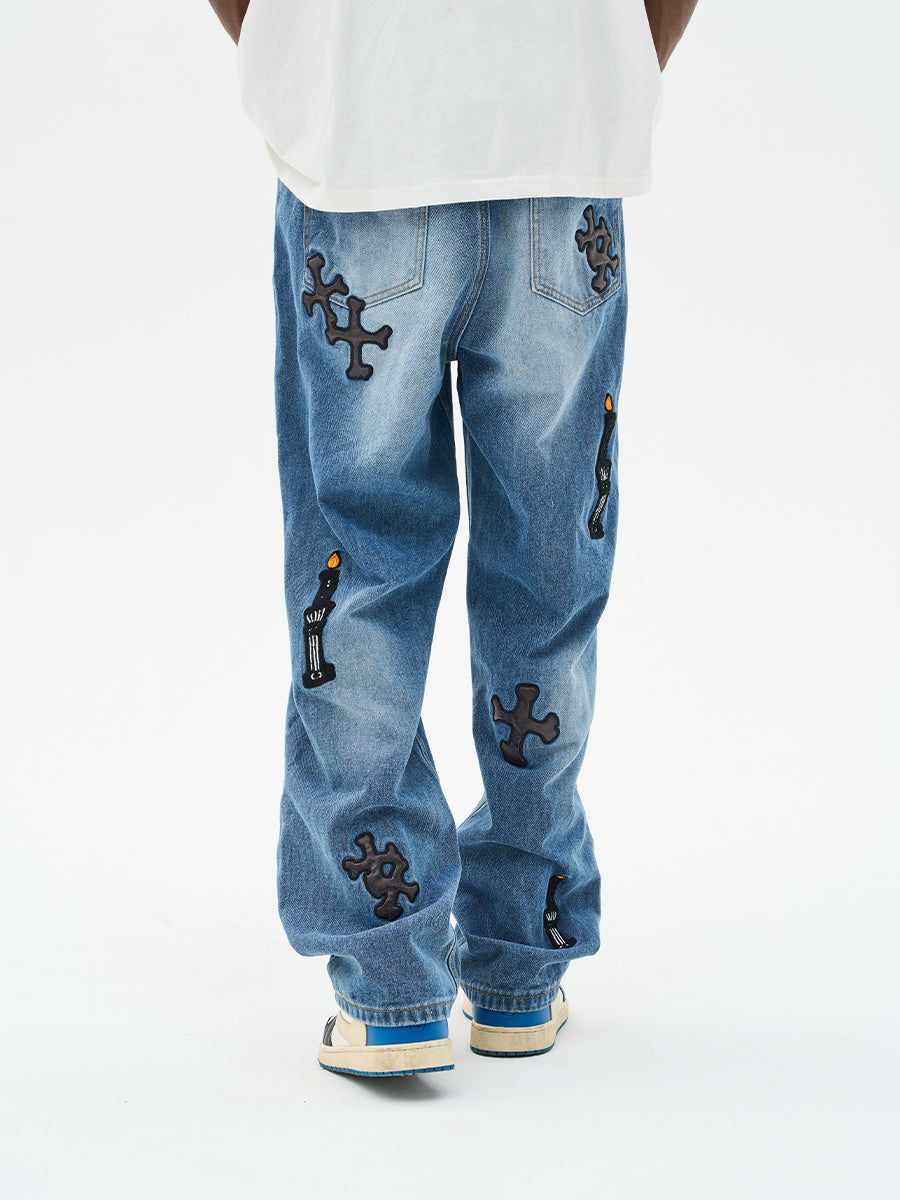 Harsh and Cruel Religious Candles Embroidered Denim