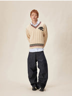 EVILKNIGHT(EK) Logo Cable Knit V Neck Sweater