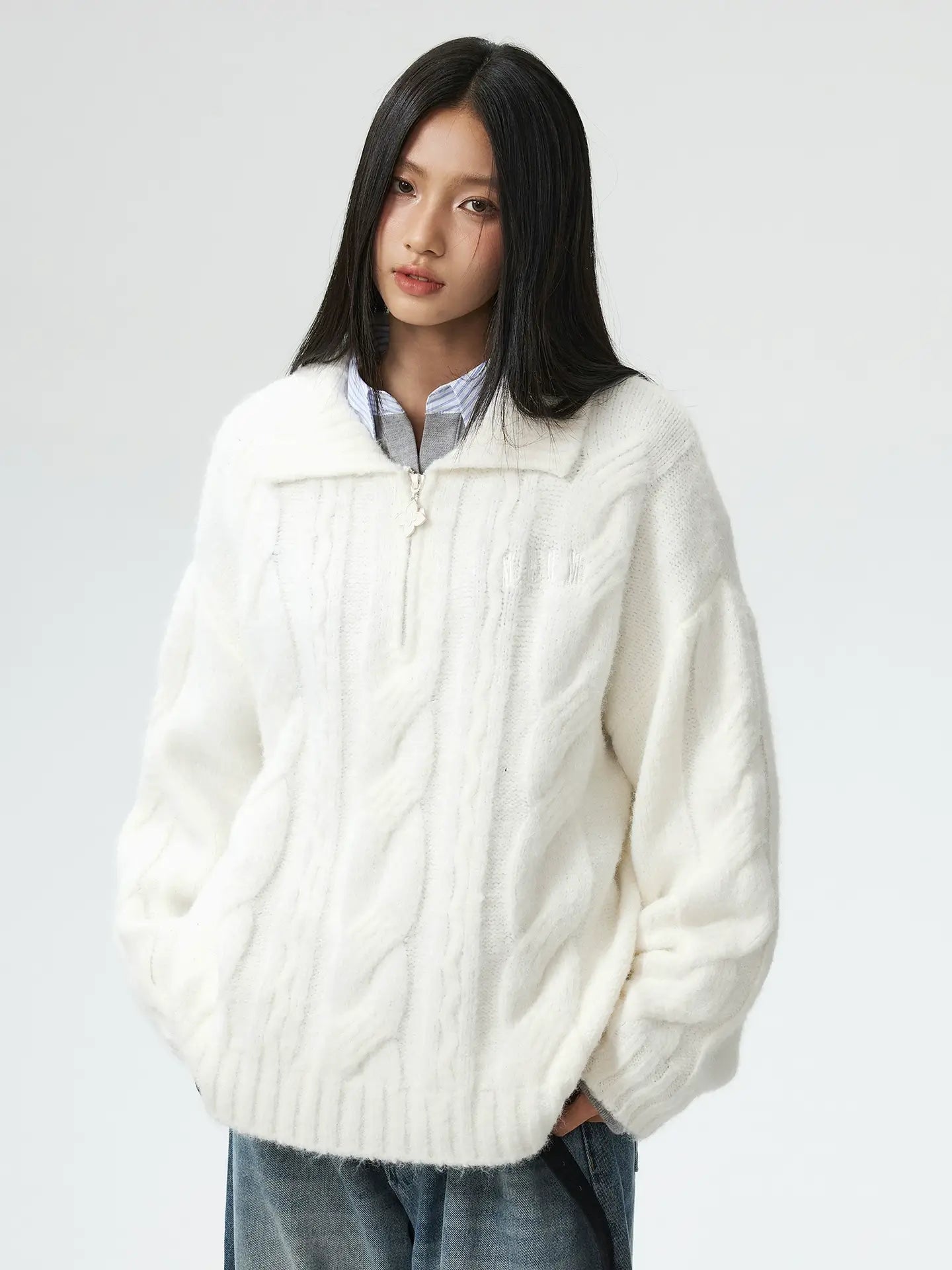 MEDM Cable Knit Half Zip Polo Sweater