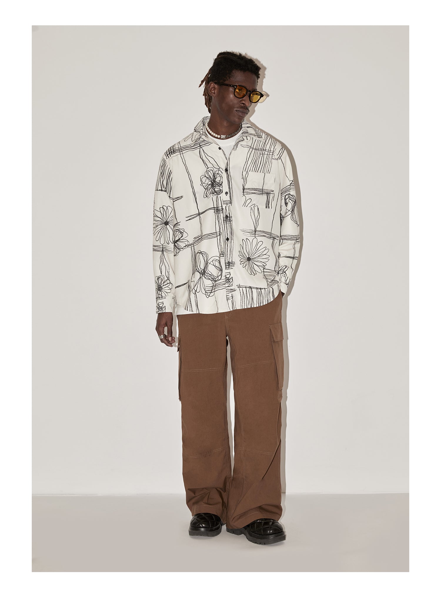 EMPTY REFERENCE Sketch Plaid Floral Print Long Sleeved Shirt