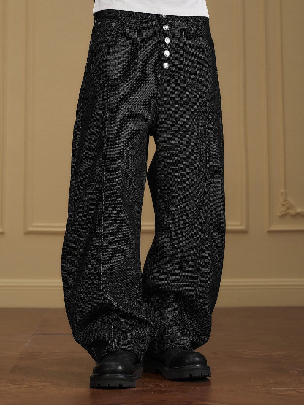YADcrew Five Button Black Denim Baggy Jeans